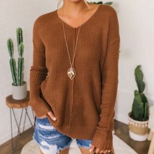 V-neck Seam Detail Waffle Sweater -Copper
